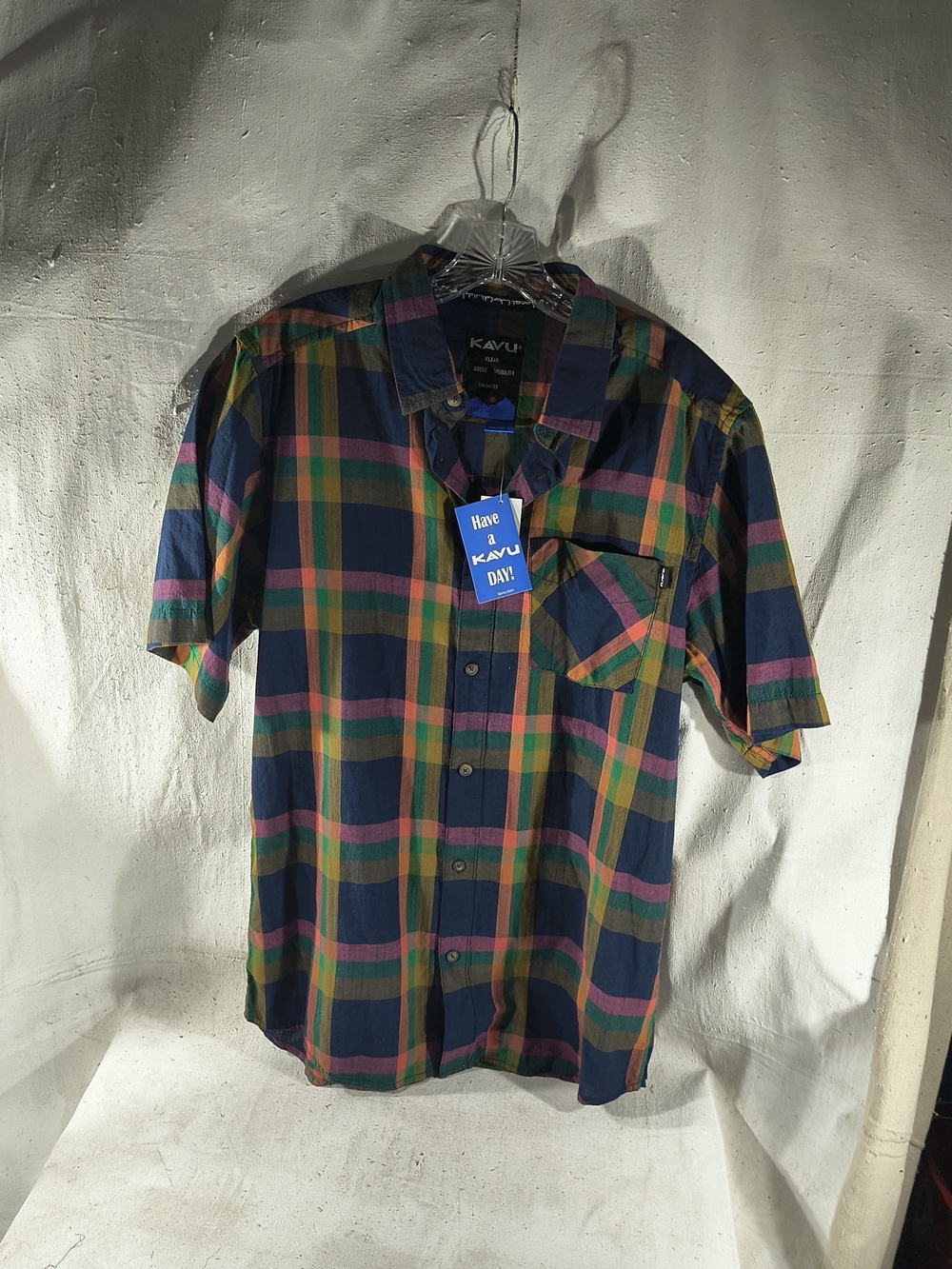 KAVU Men's Short-Sleeve Plaid Button-Up Shirt - Navy with Green & Pink